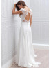 Ivory Lace Chiffon Cap Sleeves Keyhole Back Wedding Dress 